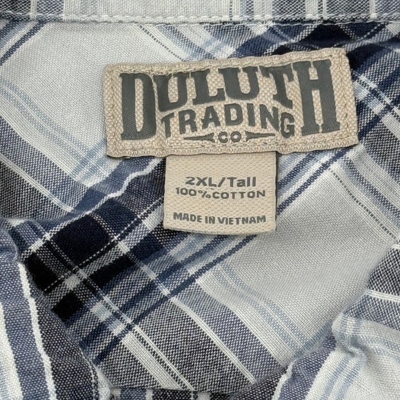 Duluth Trading Co Men 2XLT Blue White Plaid Cotton SS Button Down Shirt 51710 - Picture 4 of 8